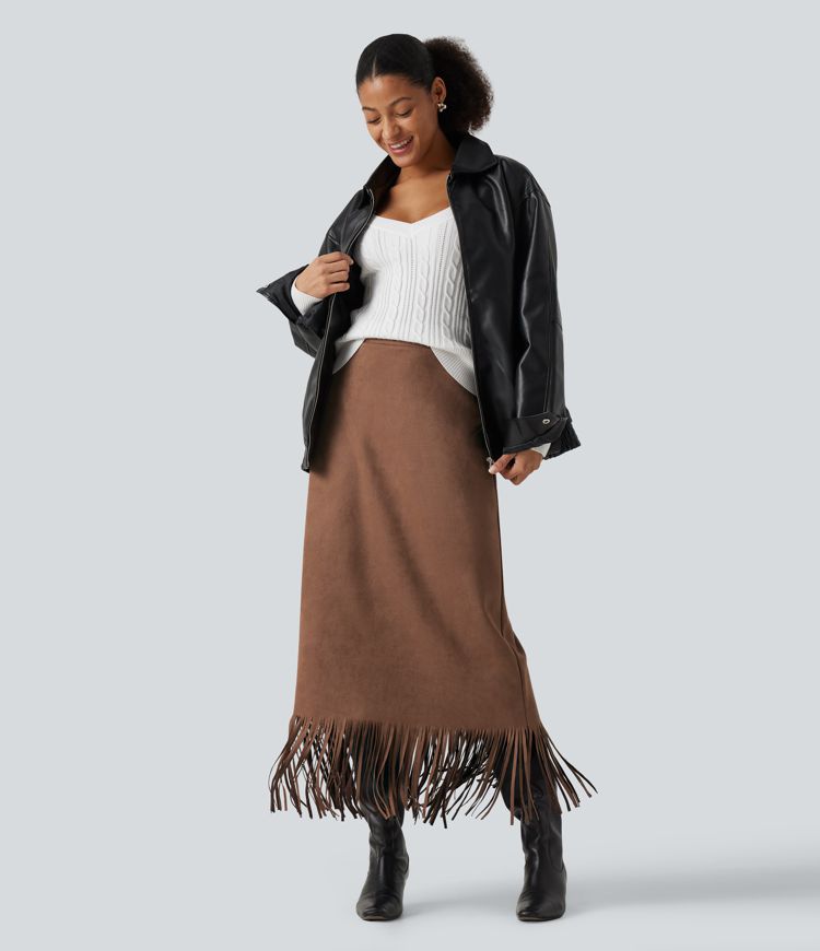 High Waisted Fringe Hem A-Line Suede Causal Midi Skirt