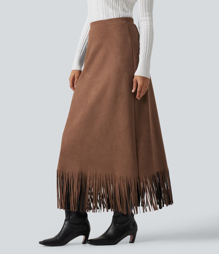 High Waisted Fringe Hem A-Line Suede Causal Midi Skirt