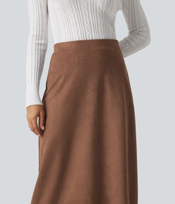 High Waisted Fringe Hem A-Line Suede Causal Midi Skirt