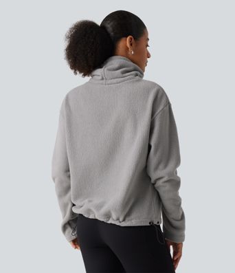 Fleece-Sweatshirt mit hohem Kragen, Kordelzug, langen Ärmeln und gerafftem Saum