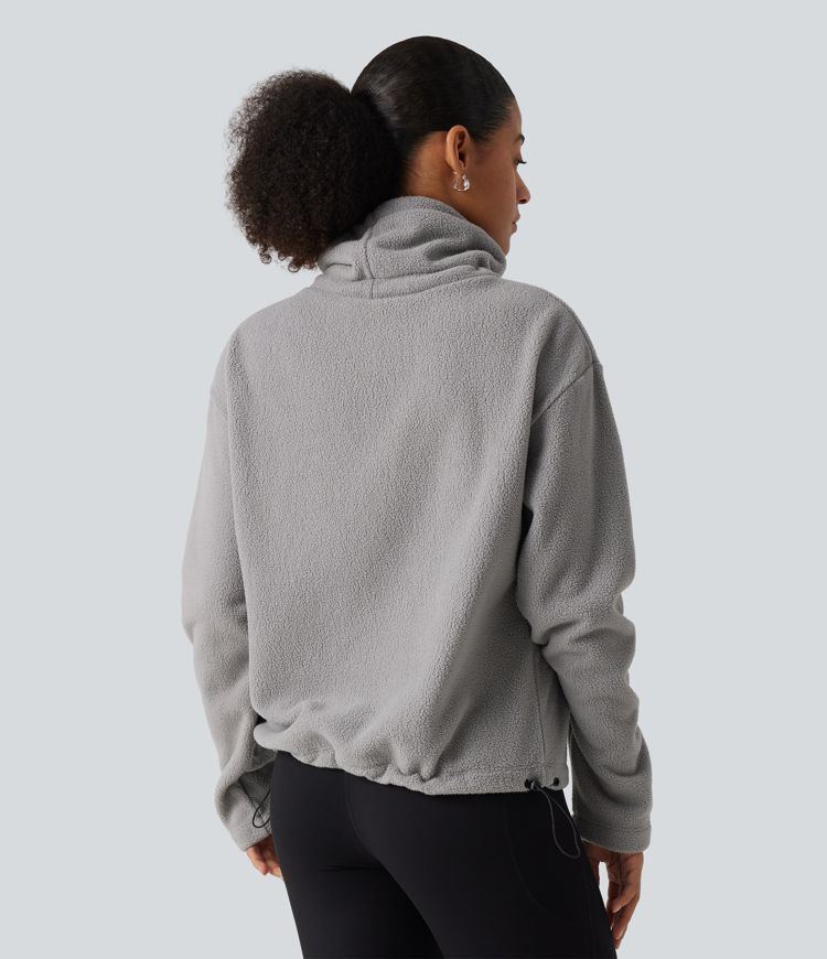 Fleece-Sweatshirt mit hohem Kragen, Kordelzug, langen Ärmeln und gerafftem Saum