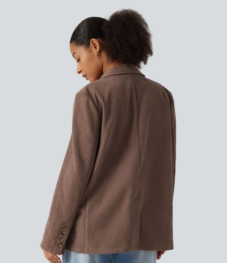 Notched Collar Long Sleeve Corduroy Casual Blazer with Pockets