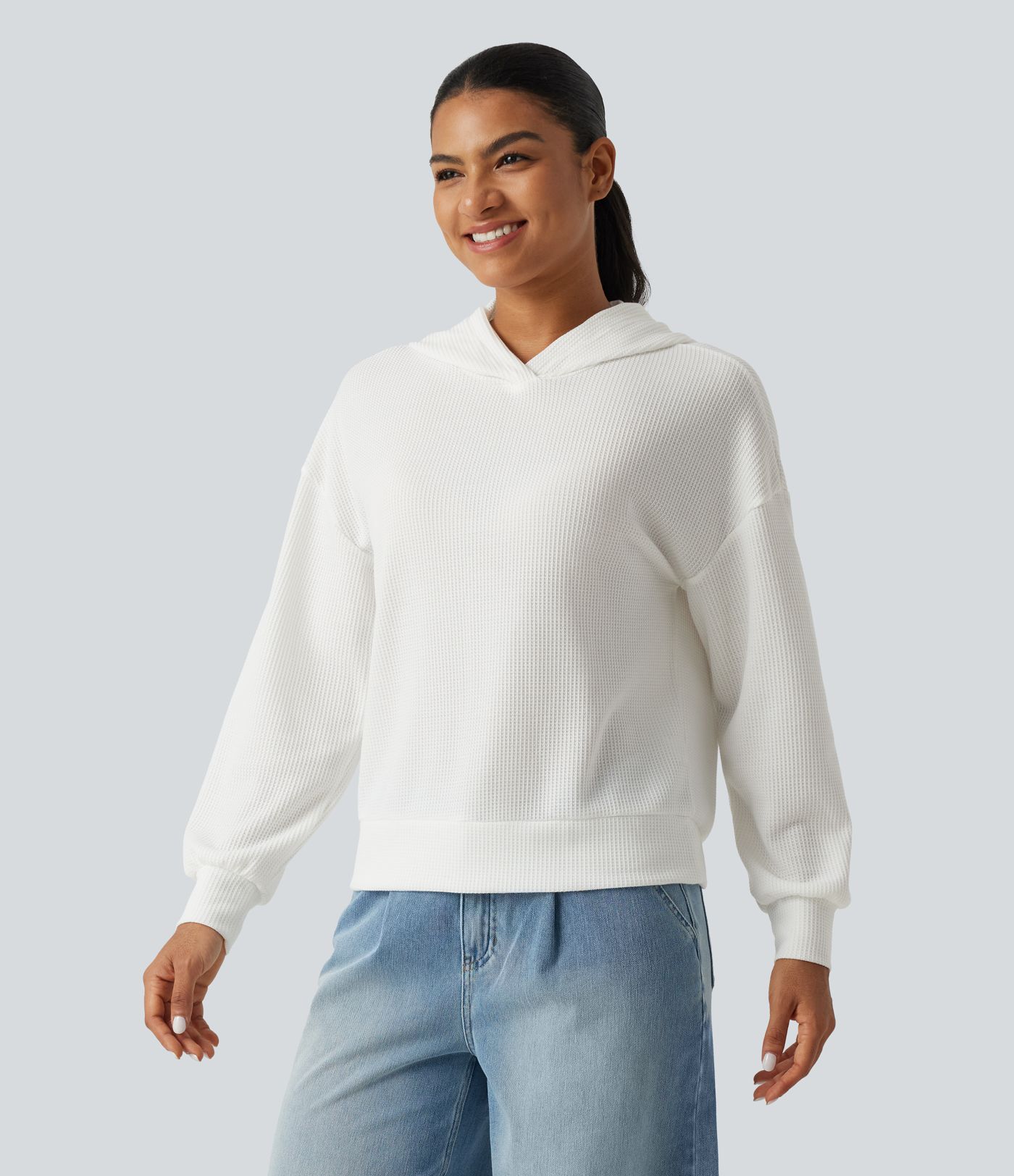 Hooded Drop Shoulder Long Sleeve Waffle Casual Sweatshirt Hooded Drop Shoulder Long Sleeve Waffle Casual Sweatshirt