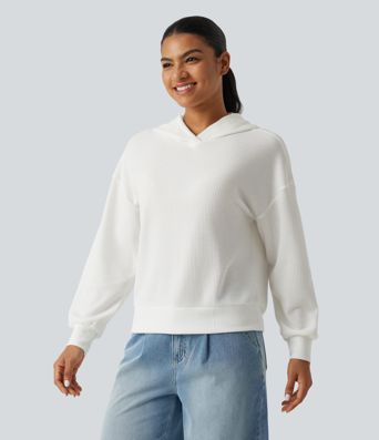 Hooded Drop Shoulder Long Sleeve Waffle Casual Sweatshirt Hooded Drop Shoulder Long Sleeve Waffle Casual Sweatshirt