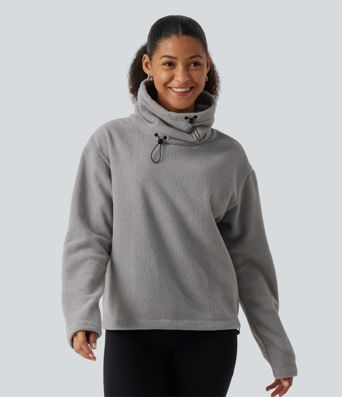 Fleece-Sweatshirt mit hohem Kragen, Kordelzug, langen Ärmeln und gerafftem Saum