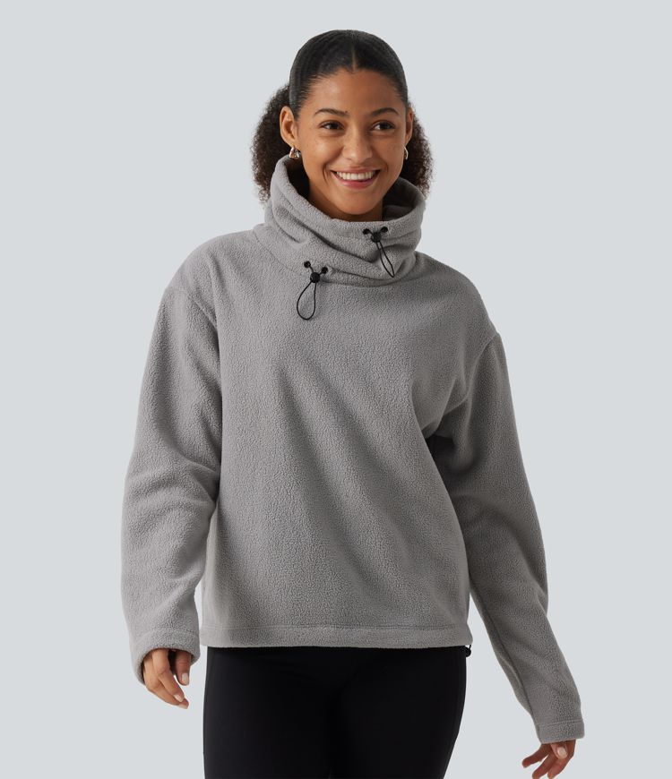 Fleece-Sweatshirt mit hohem Kragen, Kordelzug, langen Ärmeln und gerafftem Saum