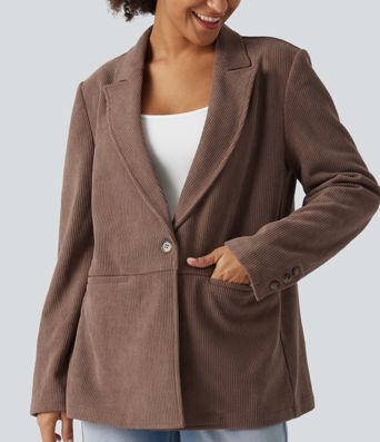 Notched Collar Long Sleeve Corduroy Casual Blazer with Pockets