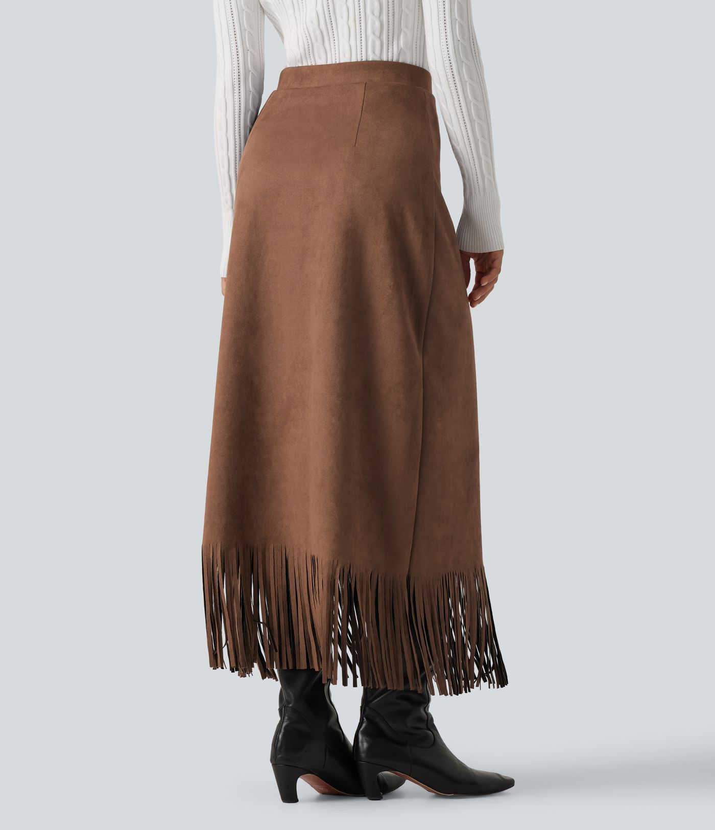 High Waisted Fringe Hem A-Line Suede Causal Midi Skirt