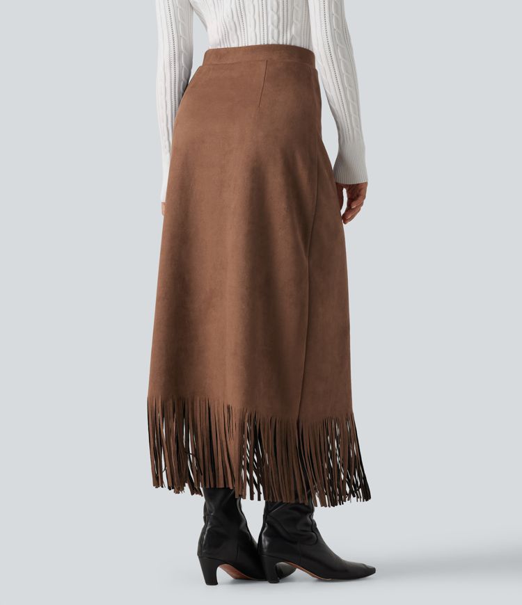 High Waisted Fringe Hem A-Line Suede Causal Midi Skirt