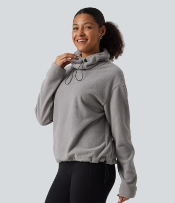 Fleece-Sweatshirt mit hohem Kragen, Kordelzug, langen Ärmeln und gerafftem Saum