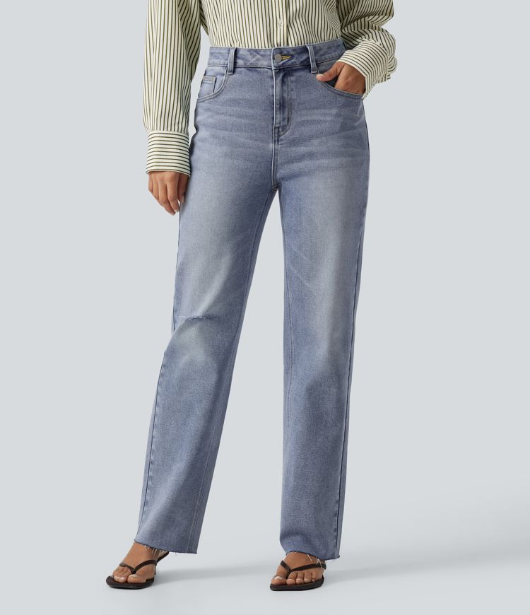 High Waisted Straight Leg Ripped Casual Jeans with Pockets