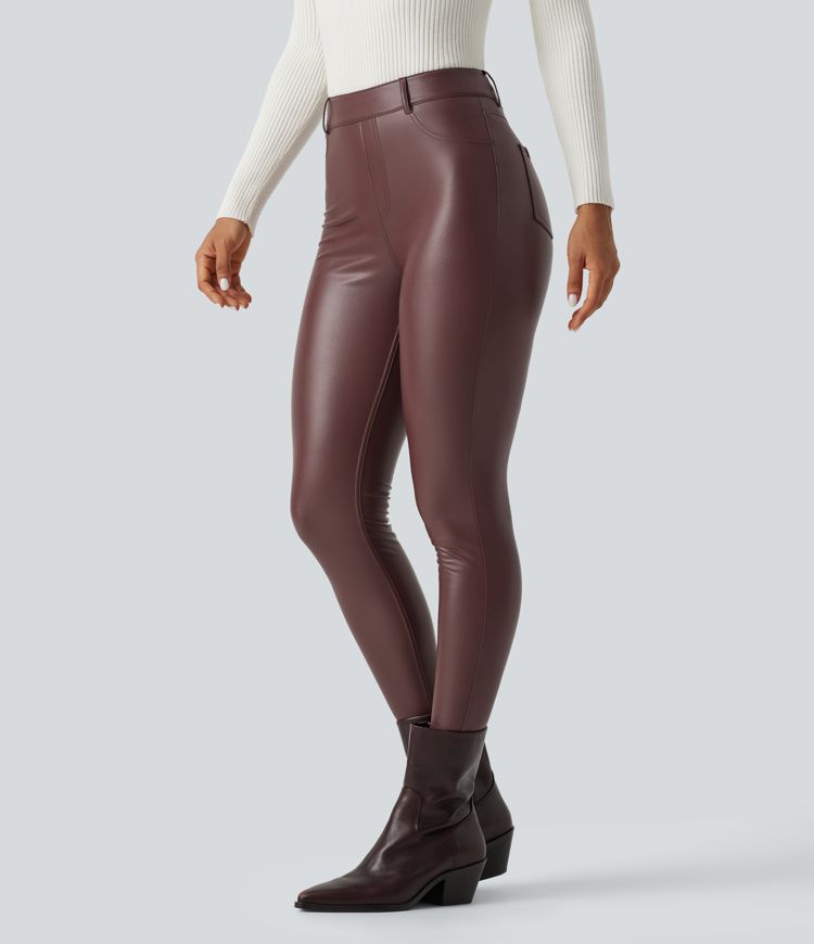 Andorra Legging skinny taille haute en simili stretch doublé polaire avec poches / 1