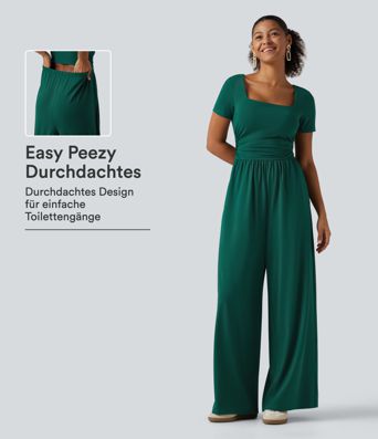 Combinaison décontractée à encolure carrée, manches courtes et jambes larges, avec poches - édition Easy Peezy Combinaison décontractée à encolure carrée, manches courtes et jambes larges, avec poches - édition Easy Peezy