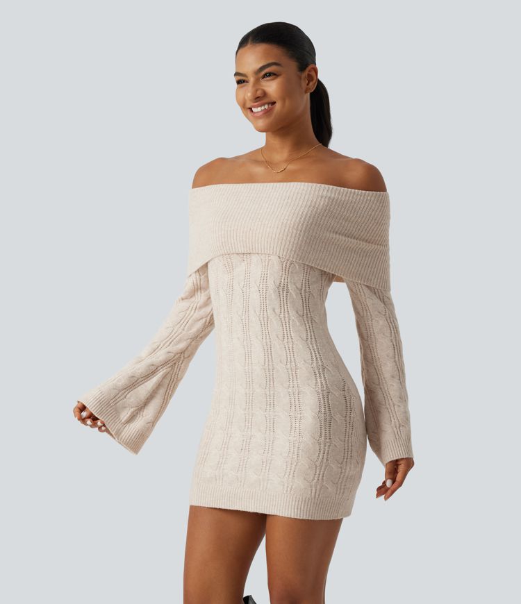 Off Shoulder Flounce Long Sleeve  Built-in Bra Mini Casual Sweater Dress 