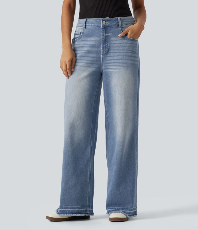 Jean coupe large délavé taille mi-haute avec poches
