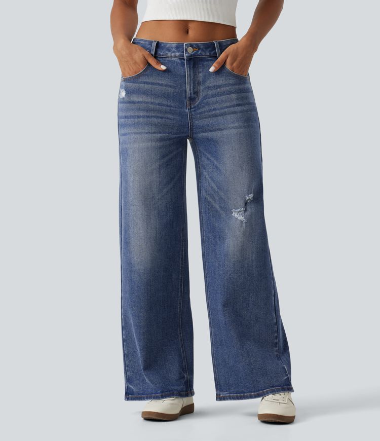 Jean délavé taille mi-haute, coupe large, effet déchiré, style décontracté, avec poches