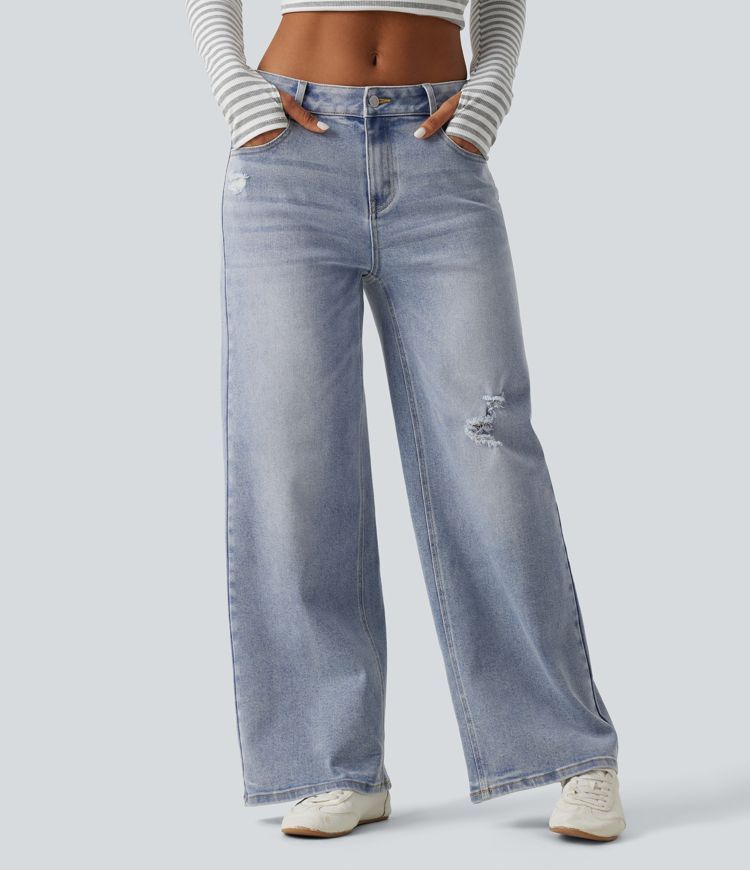Jean déchiré et délavé coupe large taille mi-haute avec poches