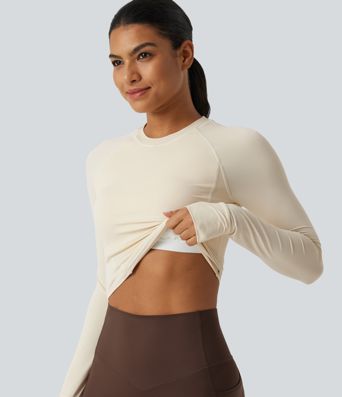 InstantCool Round Neck Raglan Long Sleeve Slim Yoga Sports Top with Built-in Bra