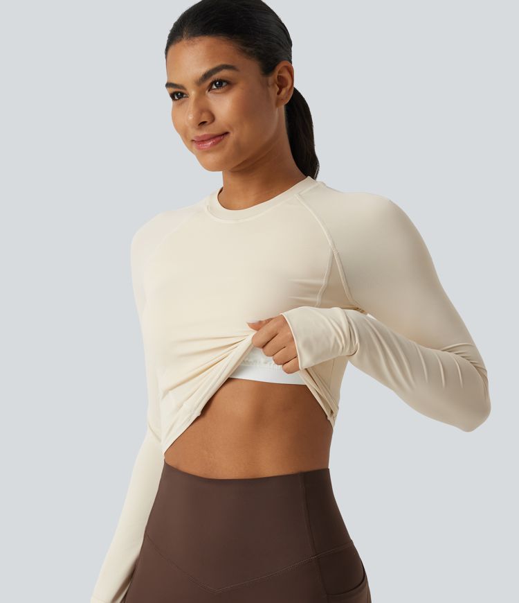 InstantCool Round Neck Raglan Long Sleeve Slim Yoga Sports Top with Built-in Bra