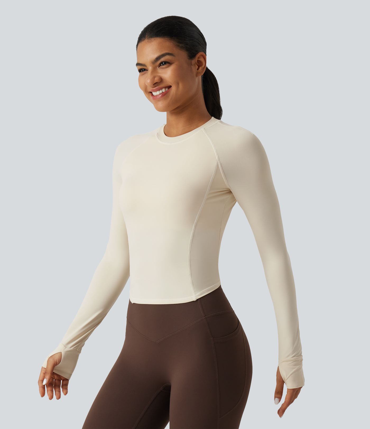 InstantCool Round Neck Raglan Long Sleeve Slim Yoga Sports Top with Built-in Bra