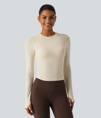InstantCool Round Neck Raglan Long Sleeve Slim Yoga Sports Top with Built-in Bra