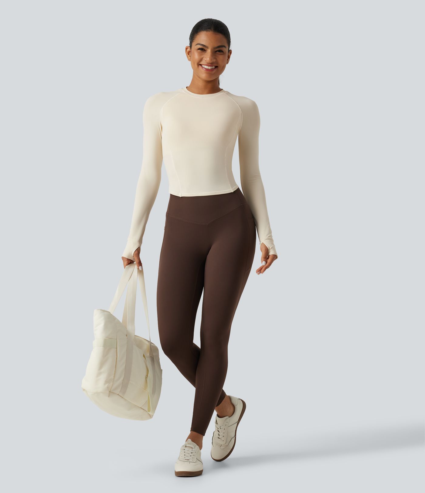 InstantCool Round Neck Raglan Long Sleeve Slim Yoga Sports Top with Built-in Bra