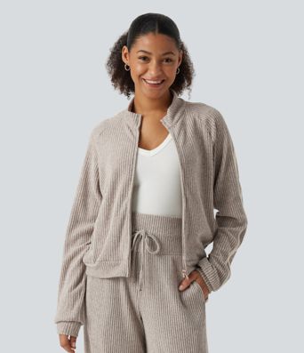 Chaqueta deportiva casual de punto acanalado con cuello alto, franja lateral, mangas largas y bolsillos Chaqueta deportiva casual de punto acanalado con cuello alto, franja lateral, mangas largas y bolsillos