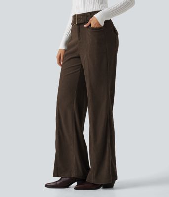 Mid Rise Bootcut Buckle Corduroy Casual Pants with Pockets