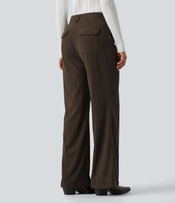Mid Rise Bootcut Buckle Corduroy Casual Pants with Pockets