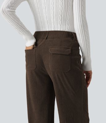 Mid Rise Bootcut Buckle Corduroy Casual Pants with Pockets