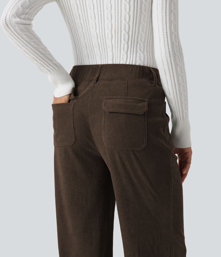 Mid Rise Bootcut Buckle Corduroy Casual Pants with Pockets