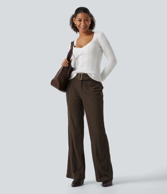 Mid Rise Bootcut Buckle Corduroy Casual Pants with Pockets