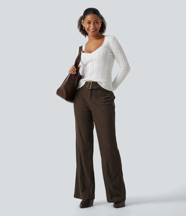 Mid Rise Bootcut Buckle Corduroy Casual Pants with Pockets