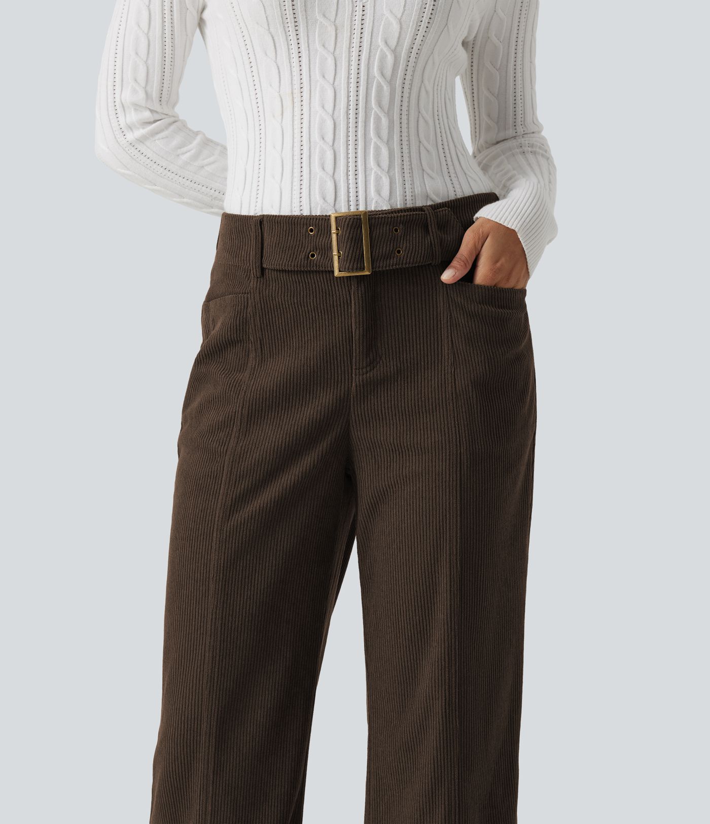 Mid Rise Bootcut Buckle Corduroy Casual Pants with Pockets
