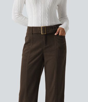 Mid Rise Bootcut Buckle Corduroy Casual Pants with Pockets