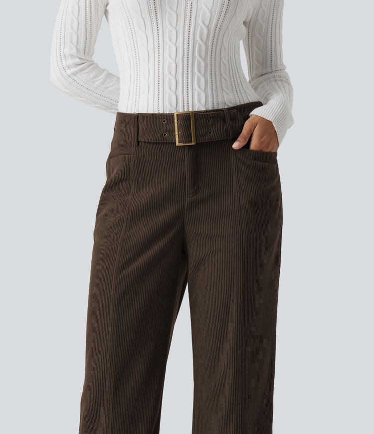Mid Rise Bootcut Buckle Corduroy Casual Pants with Pockets
