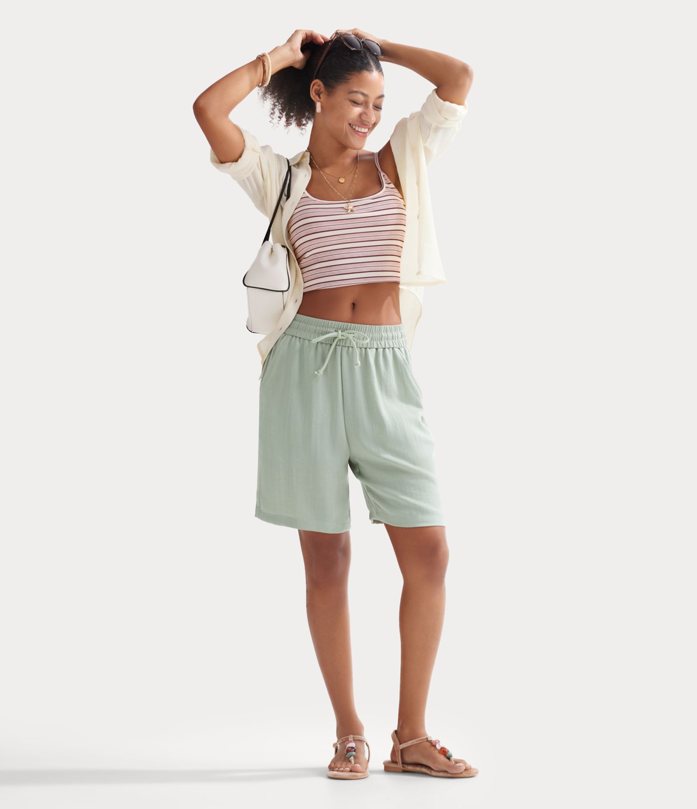 High Waisted Drawstring Casual Linen-Feel Shorts with Pockets