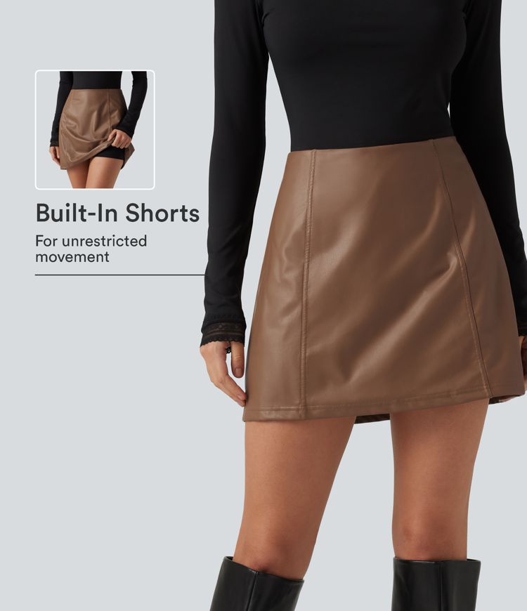 Rustic Brown High Waisted 2-in-1 A Line Mini Fleece Casual PU Leather Skirt / 1