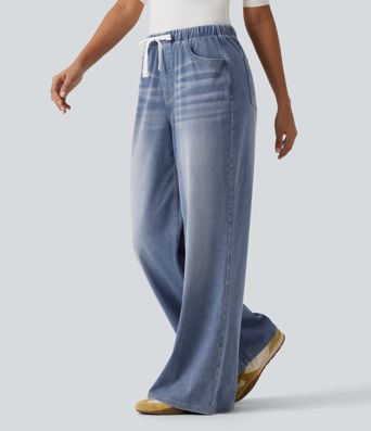 Halara Flex™ Mid Rise Drawstring Wide Leg Casual Cotton Jeans with Pockets
