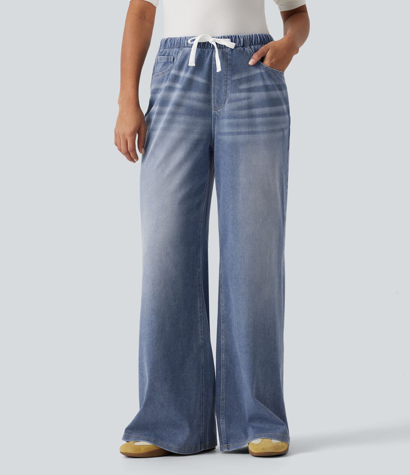 Halara Flex™ Mid Rise Drawstring Wide Leg Casual Cotton Jeans with Pockets