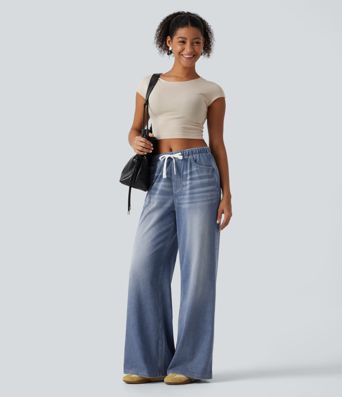 Halara Flex™ Mid Rise Drawstring Wide Leg Casual Cotton Jeans with Pockets