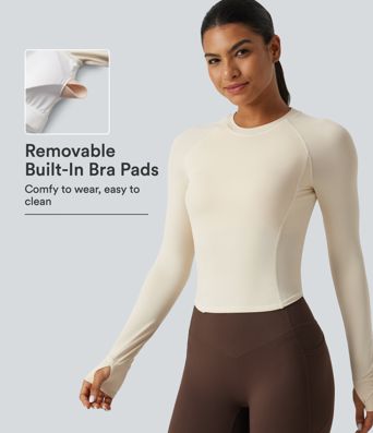 InstantCool Round Neck Raglan Long Sleeve Slim Yoga Sports Top with Built-in Bra
