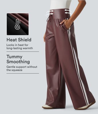 High Waisted Tummy Control Drawstring Wide Leg Side Stripe Stretchy PU Fleece Casual Pants with Pockets