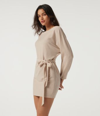 Ribbed Knit Boat Neck Long Sleeve Belted Bodycon Casual Mini Dress