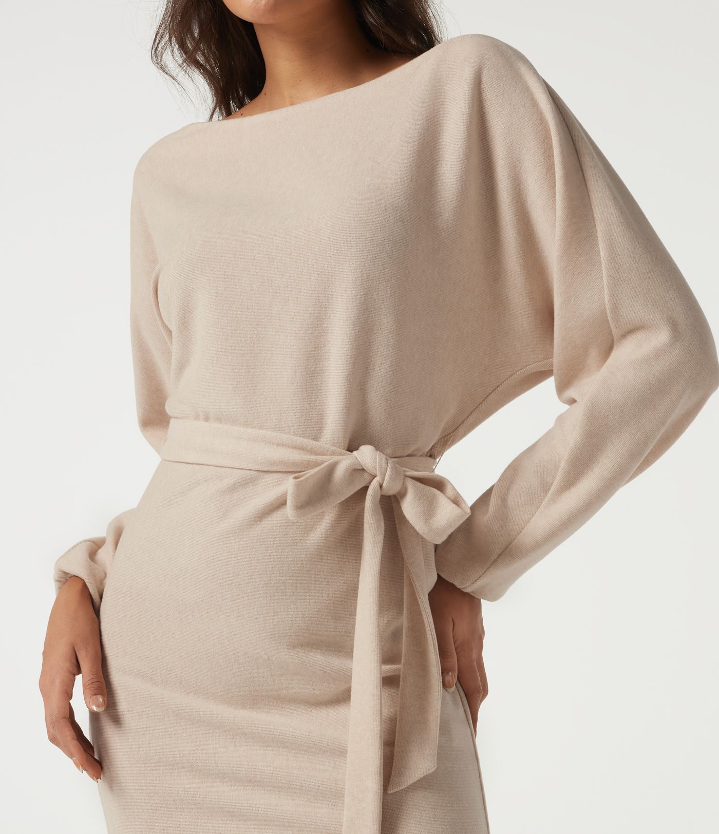 Ribbed Knit Boat Neck Long Sleeve Belted Bodycon Casual Mini Dress