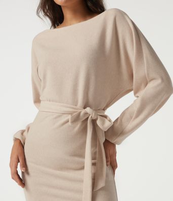 Ribbed Knit Boat Neck Long Sleeve Belted Bodycon Casual Mini Dress