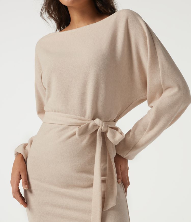 Ribbed Knit Boat Neck Long Sleeve Belted Bodycon Casual Mini Dress
