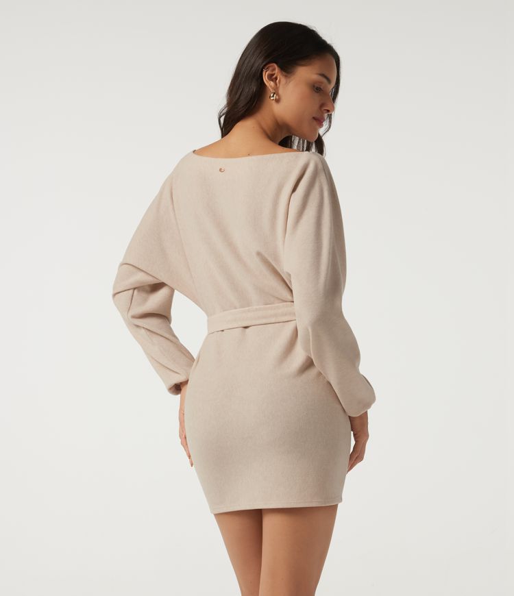 Ribbed Knit Boat Neck Long Sleeve Belted Bodycon Casual Mini Dress