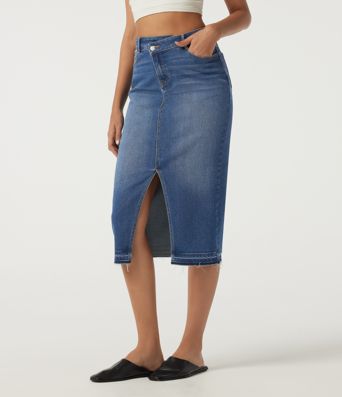 High Waisted Asymmetric Bodycon Casual Midi Skirt with Pockets