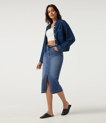 High Waisted Asymmetric Bodycon Casual Midi Skirt with Pockets